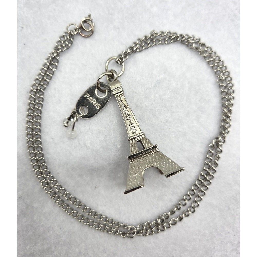 Vintage Eiffel Tower Pendant Necklace Silver Tone Paris France Souvenir Charm 22